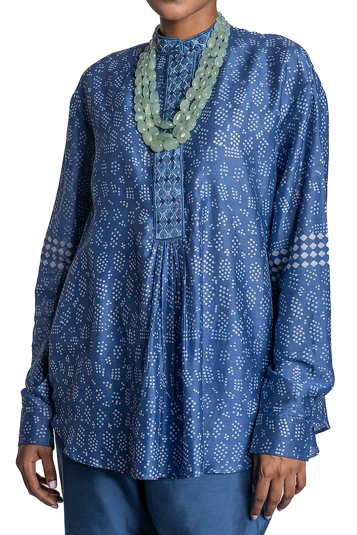 Blue Chanderi Printed Tunic Set by Krishna Mehta at Pernia's Pop Up Shop
