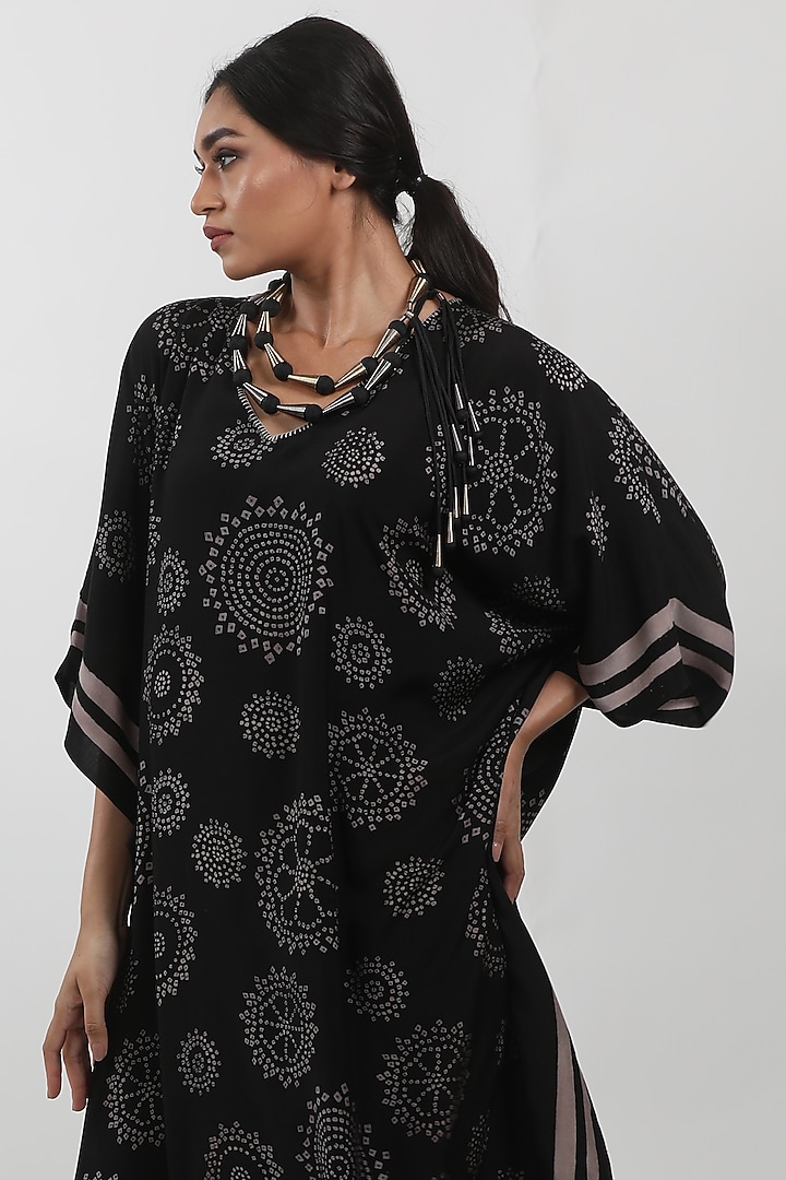 Black Modal Block Printed Kaftan by Krishna Mehta at Pernia's Pop Up Shop