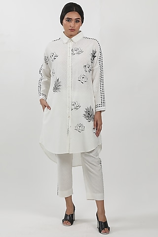 White Cotton Block Printed Shirt Tunic by Krishna Mehta