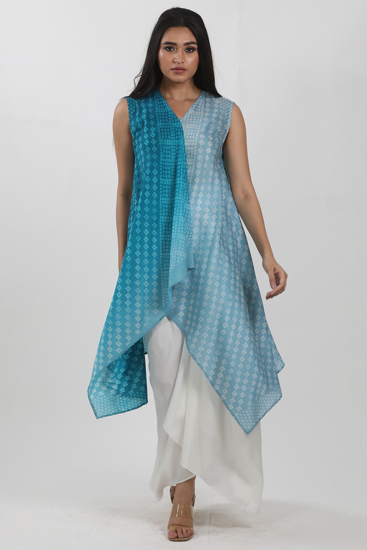 Blue Shaded Block Printed Jacket Tunic by Krishna Mehta at Pernia's Pop Up Shop