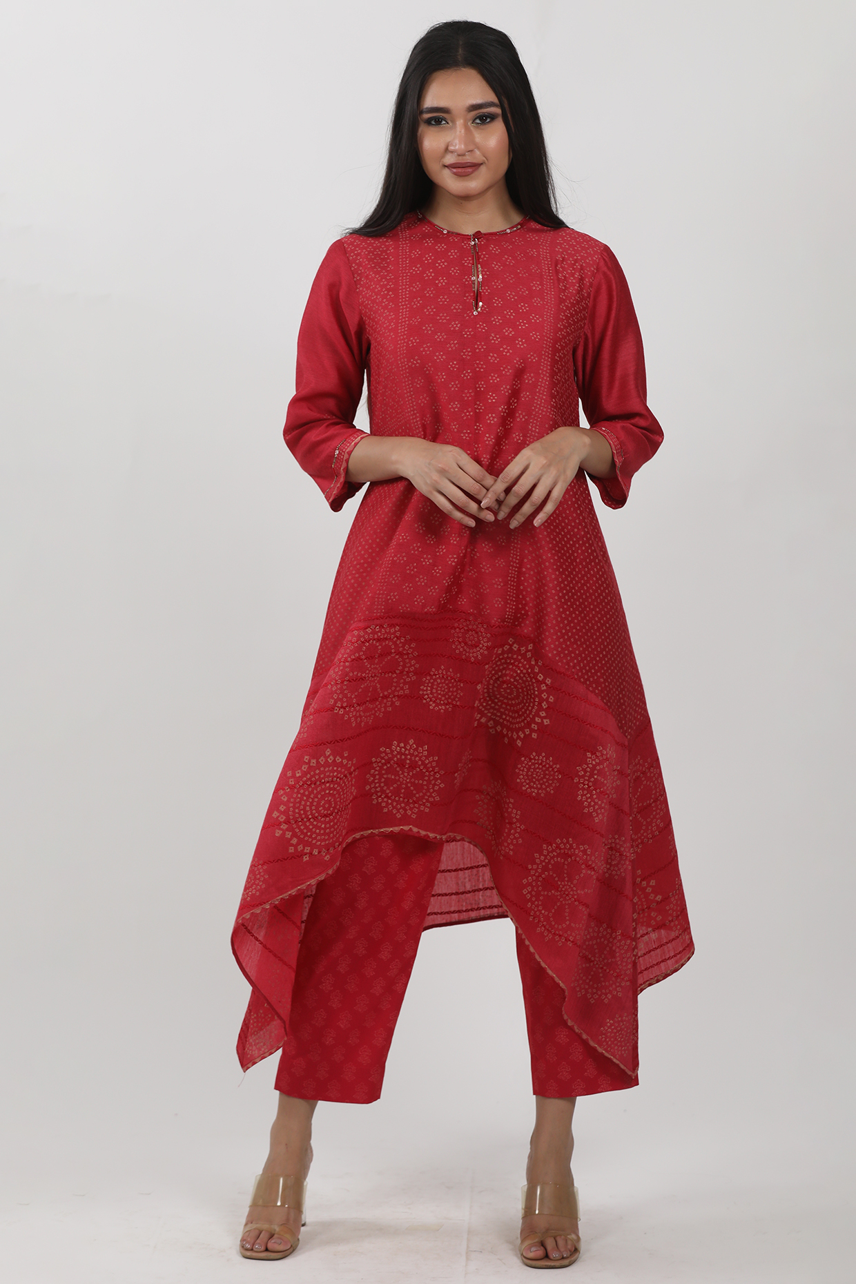 Red Block Printed & Hand Embroidered Asymmetrical Tunic by Krishna Mehta at Pernia's Pop Up Shop