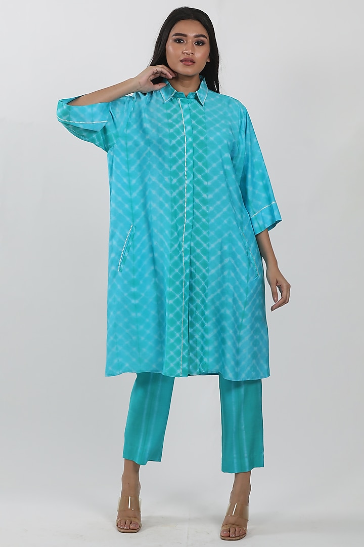 Turquoise Modal Tie-Dye Shirt Tunic Set by Krishna Mehta at Pernia's Pop Up Shop