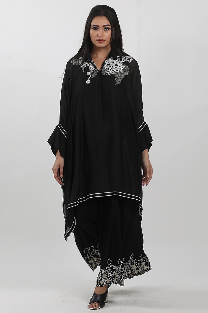 Black Chanderi Lace Hand Embroidered Cape Tunic by Krishna Mehta at Pernia's Pop Up Shop