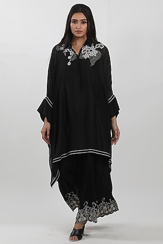 Black Chanderi Lace Hand Embroidered Cape Tunic by Krishna Mehta
