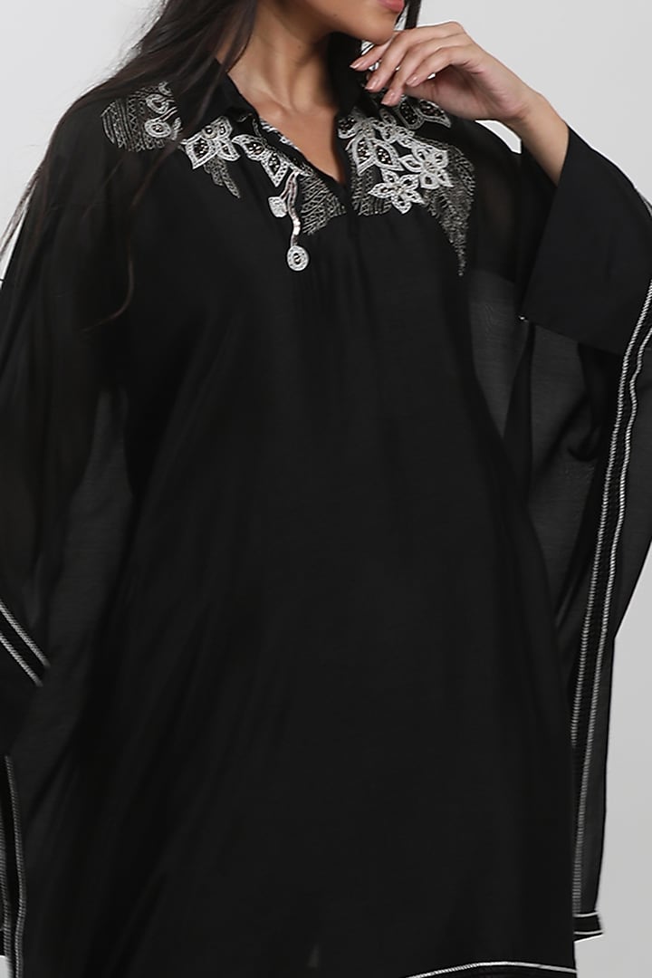 Black Chanderi Lace Hand Embroidered Cape Tunic by Krishna Mehta at Pernia's Pop Up Shop