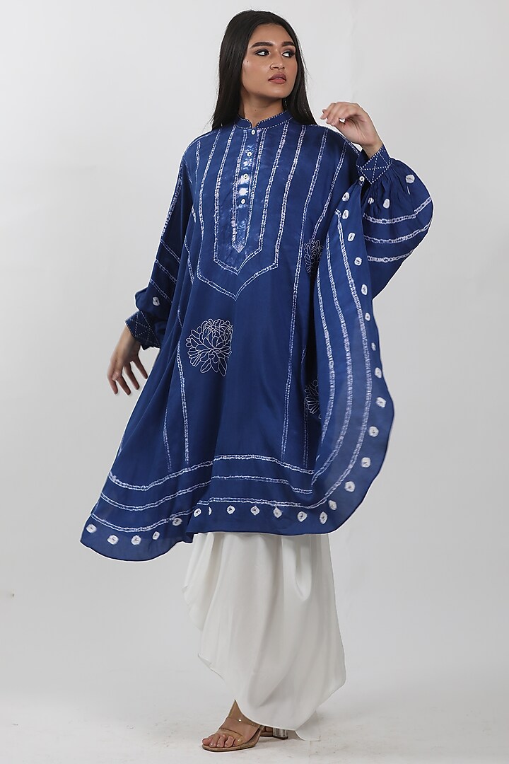 Indigo Modal Tie-Dye & Floral Embroidered Kaftan by Krishna Mehta at Pernia's Pop Up Shop
