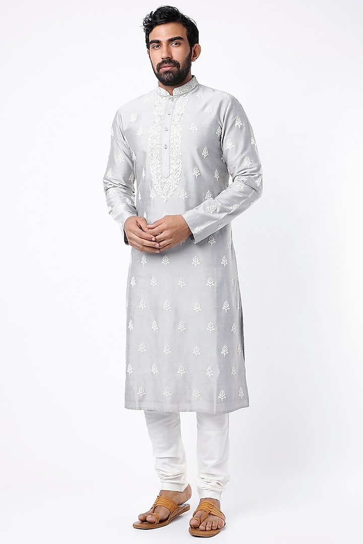 Grey Embroidered Kurta Set by Krishna Mehta Men