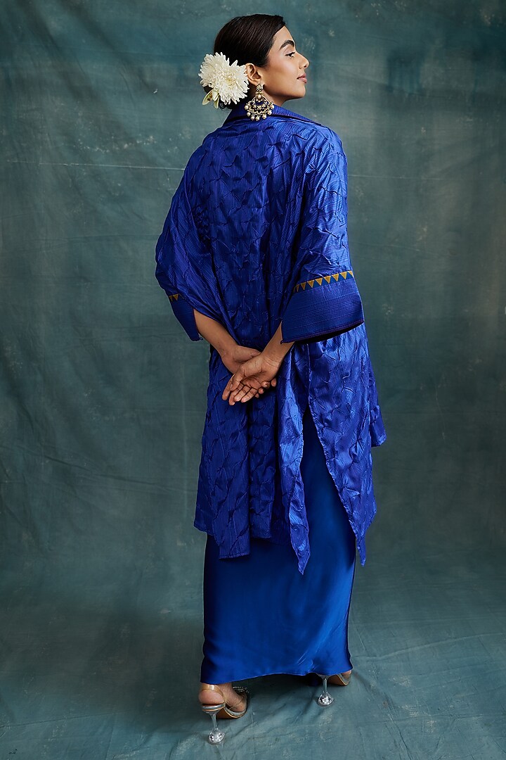 Blue Modal Bandhej Embroidered Kaftan Tunic by Krishna Mehta at Pernia's Pop Up Shop
