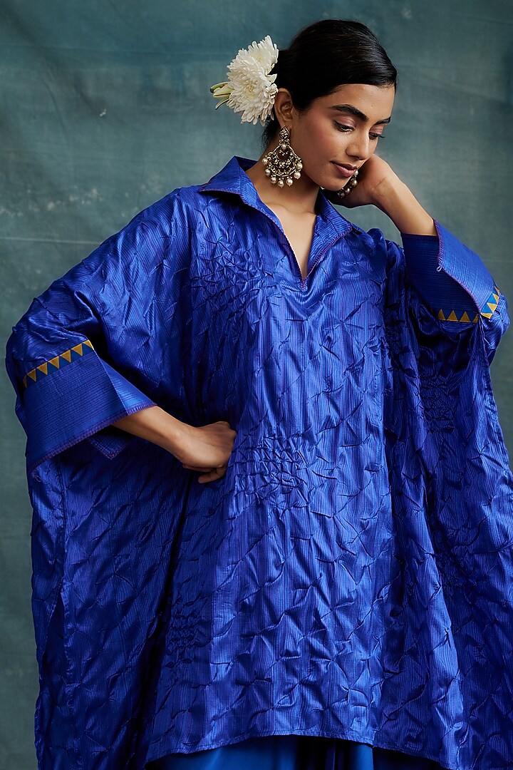 Blue Modal Bandhej Embroidered Kaftan Tunic by Krishna Mehta at Pernia's Pop Up Shop