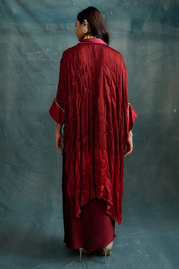 Red Modal Bandhej Embroidered Kaftan Tunic by Krishna Mehta at Pernia's Pop Up Shop