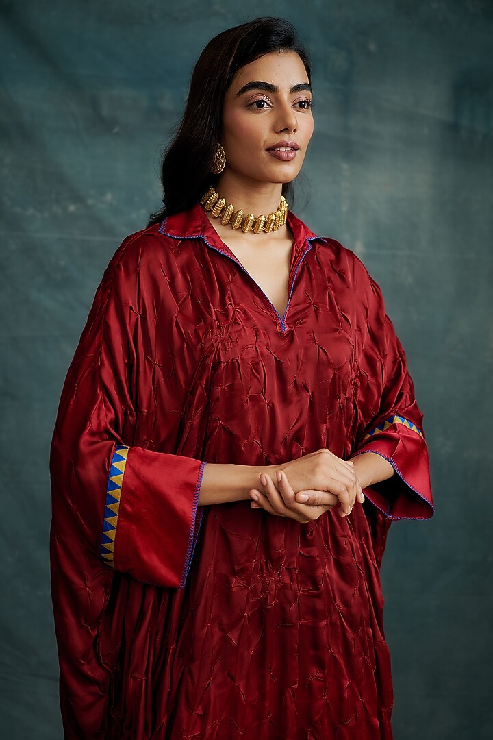 Red Modal Bandhej Embroidered Kaftan Tunic by Krishna Mehta at Pernia's Pop Up Shop