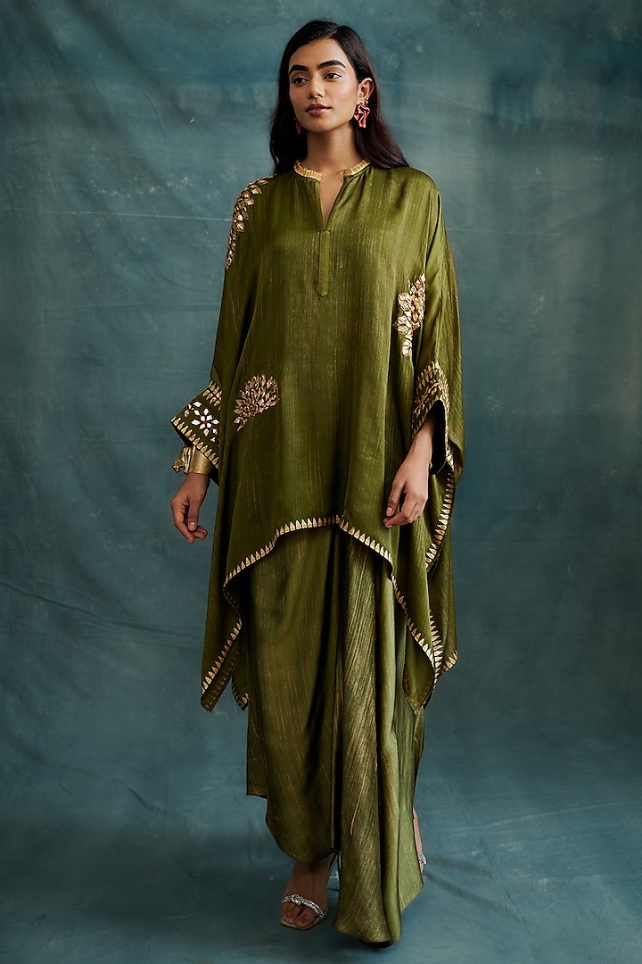 Olive Modal Gota Embroidered & Block Printed Kaftan Tunic by Krishna Mehta at Pernia's Pop Up Shop