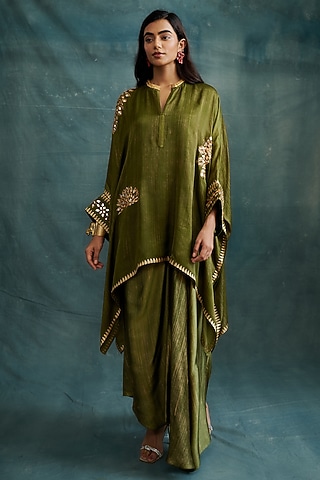 Olive Modal Gota Embroidered & Block Printed Kaftan Tunic by Krishna Mehta