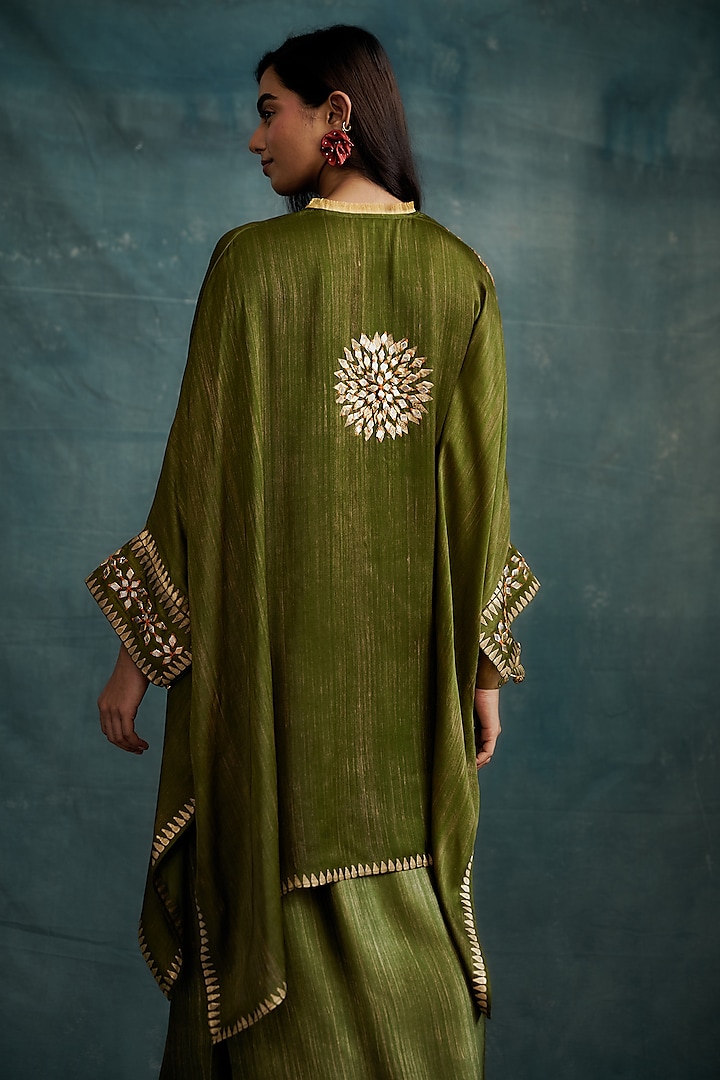 Olive Modal Gota Embroidered & Block Printed Kaftan Tunic by Krishna Mehta at Pernia's Pop Up Shop