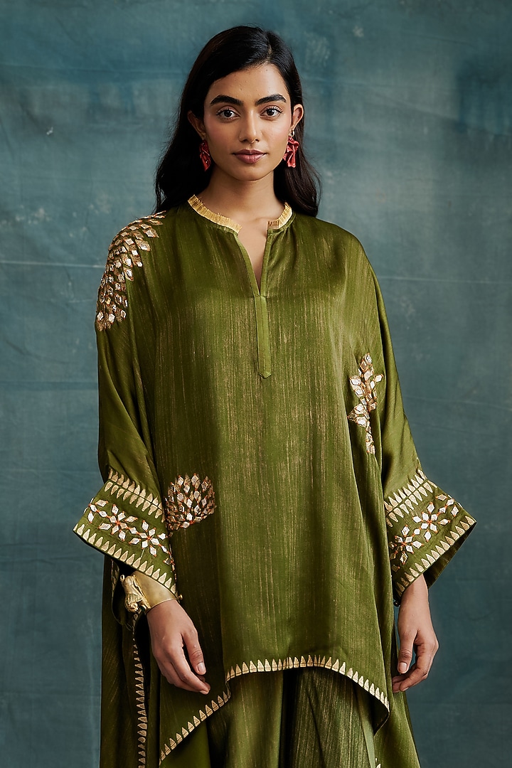 Olive Modal Gota Embroidered & Block Printed Kaftan Tunic by Krishna Mehta at Pernia's Pop Up Shop