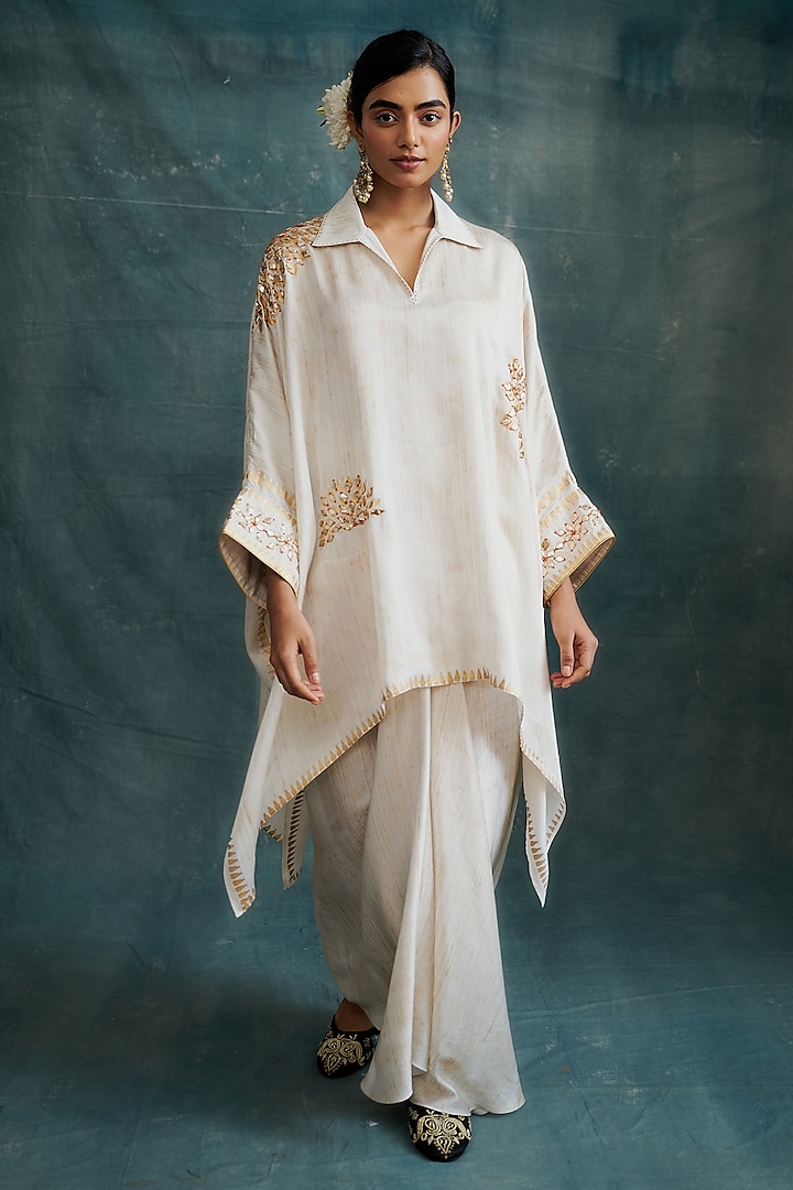 Ivory Modal Gota Embroidered & Block Printed Kaftan Tunic by Krishna Mehta at Pernia's Pop Up Shop