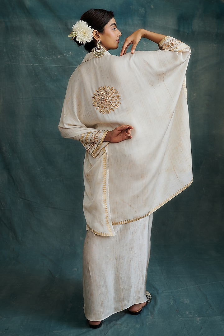 Ivory Modal Gota Embroidered & Block Printed Kaftan Tunic by Krishna Mehta at Pernia's Pop Up Shop