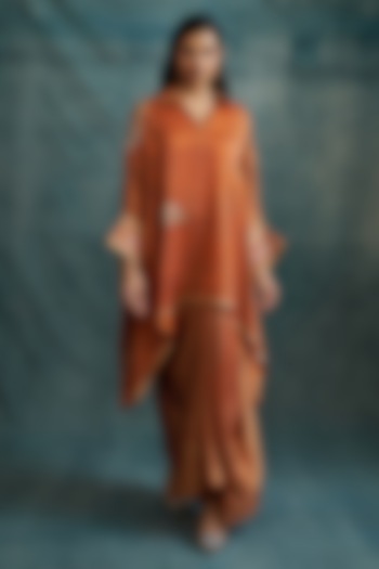 Rust Modal Gota Embroidered & Block Printed Kaftan Tunic by Krishna Mehta at Pernia's Pop Up Shop