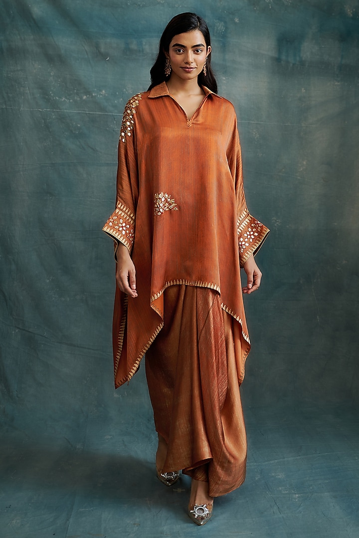 Rust Modal Gota Embroidered & Block Printed Kaftan Tunic by Krishna Mehta at Pernia's Pop Up Shop