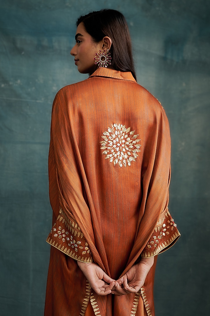 Rust Modal Gota Embroidered & Block Printed Kaftan Tunic by Krishna Mehta at Pernia's Pop Up Shop