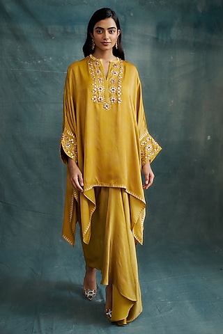 Mustard Modal Gota Embroidered & Block Printed Kaftan Tunic by Krishna Mehta