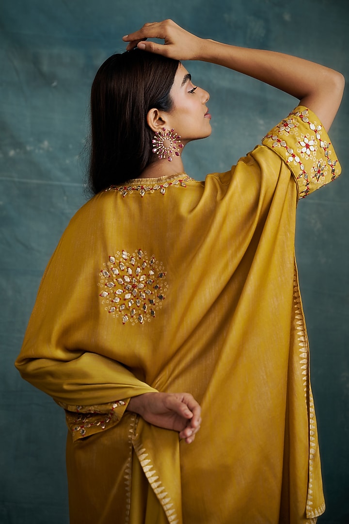 Mustard Modal Gota Embroidered & Block Printed Kaftan Tunic by Krishna Mehta at Pernia's Pop Up Shop