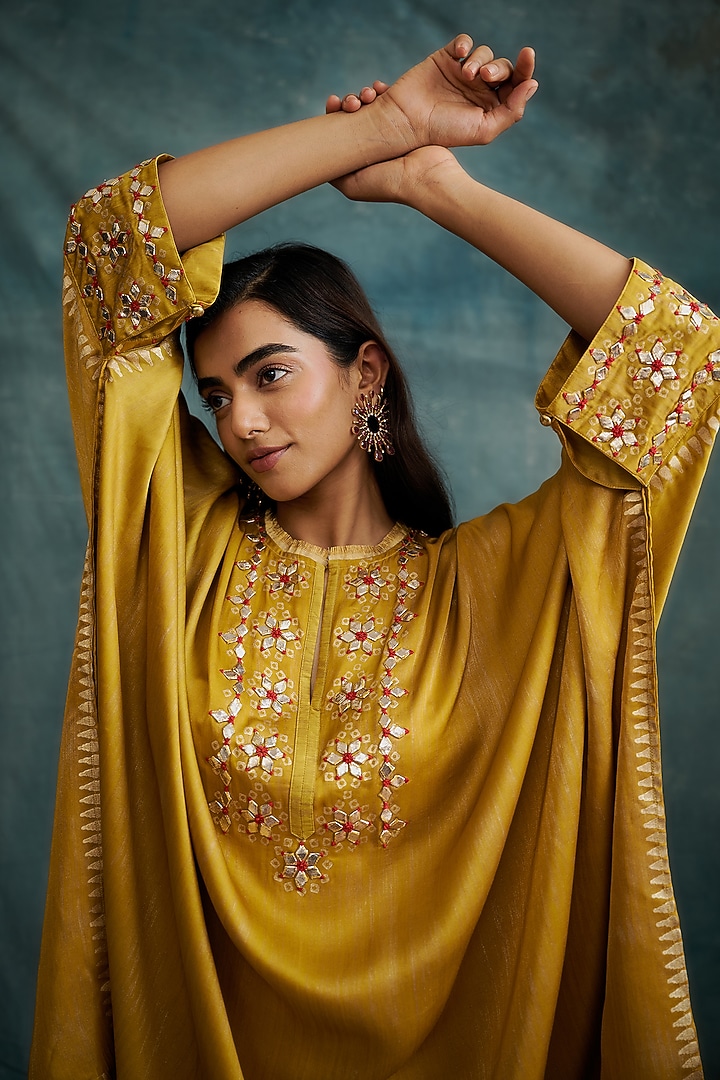 Mustard Modal Gota Embroidered & Block Printed Kaftan Tunic by Krishna Mehta at Pernia's Pop Up Shop