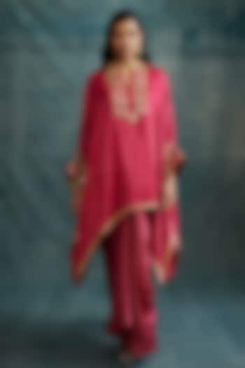 Fuchsia Pink Modal Gota Embroidered & Block Printed Kaftan Tunic by Krishna Mehta at Pernia's Pop Up Shop