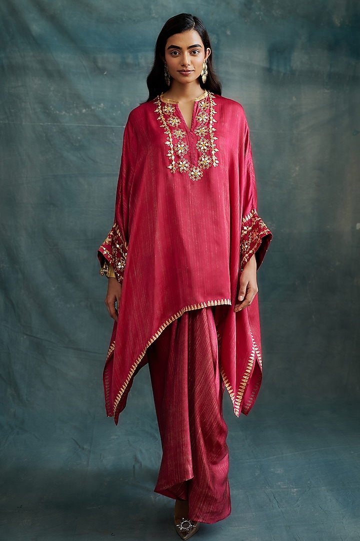 Fuchsia Pink Modal Gota Embroidered & Block Printed Kaftan Tunic by Krishna Mehta at Pernia's Pop Up Shop