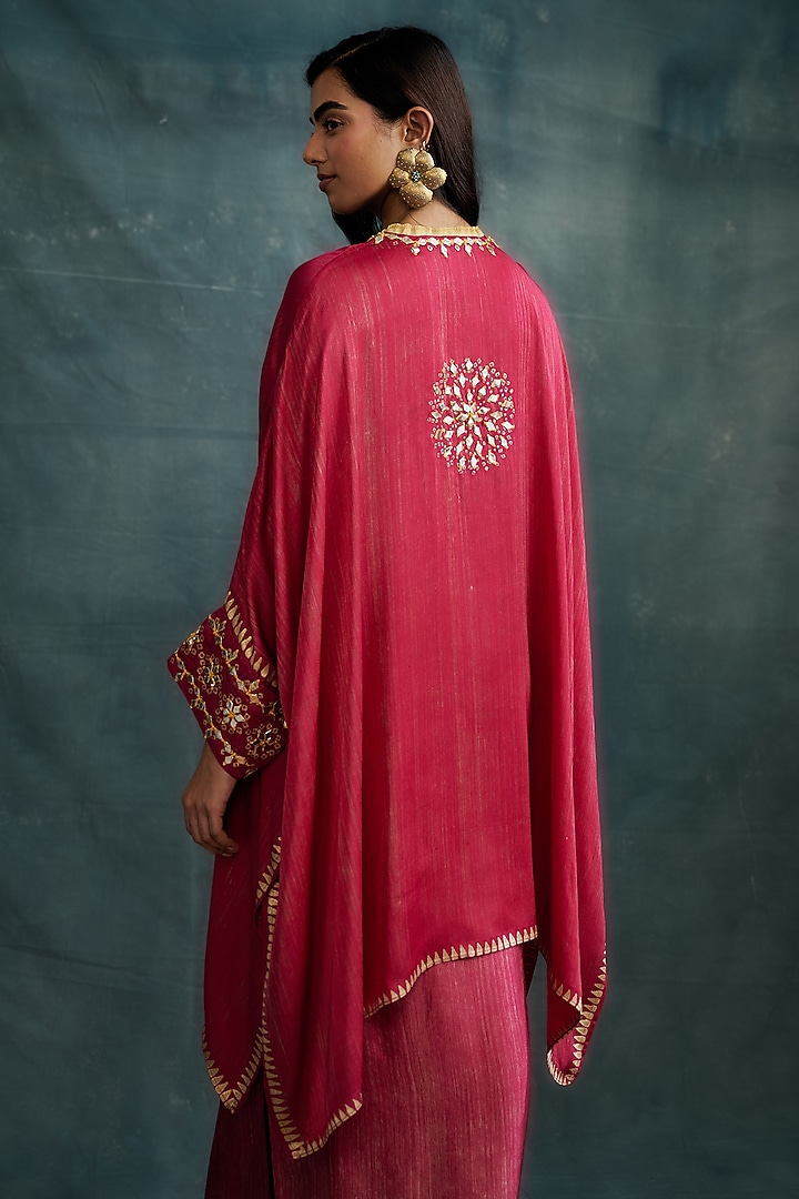 Fuchsia Pink Modal Gota Embroidered & Block Printed Kaftan Tunic by Krishna Mehta at Pernia's Pop Up Shop