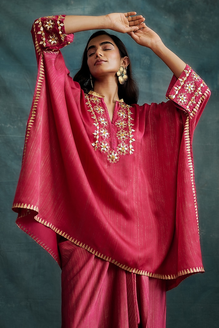 Fuchsia Pink Modal Gota Embroidered & Block Printed Kaftan Tunic by Krishna Mehta at Pernia's Pop Up Shop