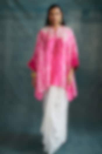 Hot Pink Tussar Hand Embroidered & Tie-Dyed Kaftan Tunic by Krishna Mehta at Pernia's Pop Up Shop