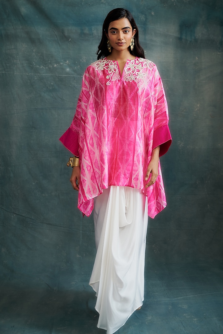 Hot Pink Tussar Hand Embroidered & Tie-Dyed Kaftan Tunic by Krishna Mehta at Pernia's Pop Up Shop