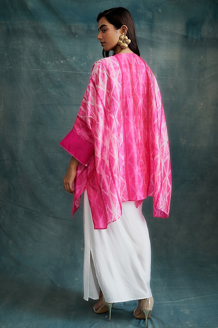 Hot Pink Tussar Hand Embroidered & Tie-Dyed Kaftan Tunic by Krishna Mehta at Pernia's Pop Up Shop