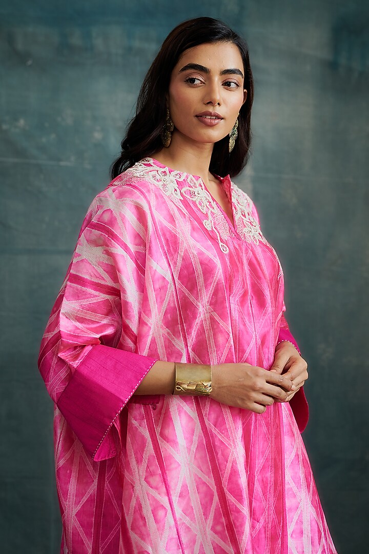 Hot Pink Tussar Hand Embroidered & Tie-Dyed Kaftan Tunic by Krishna Mehta at Pernia's Pop Up Shop