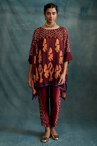 Maroon Modal Bandhej Embroidered & Block Printed Kaftan Tunic by Krishna Mehta