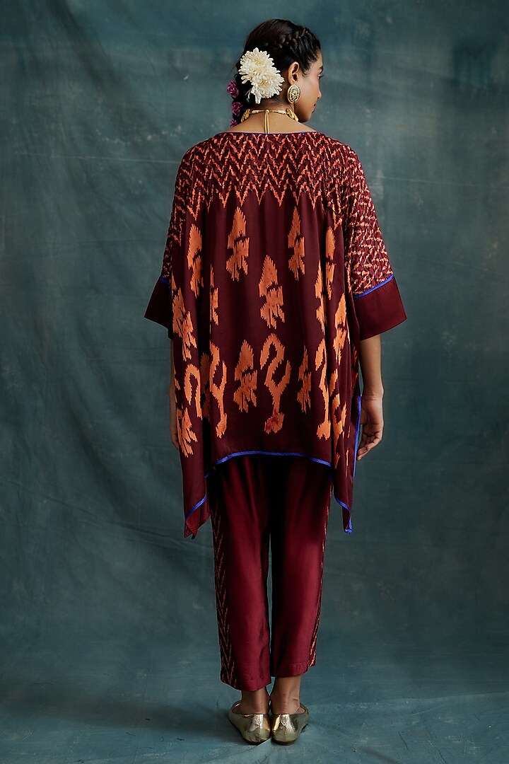 Maroon Modal Bandhej Embroidered & Block Printed Kaftan Tunic by Krishna Mehta at Pernia's Pop Up Shop