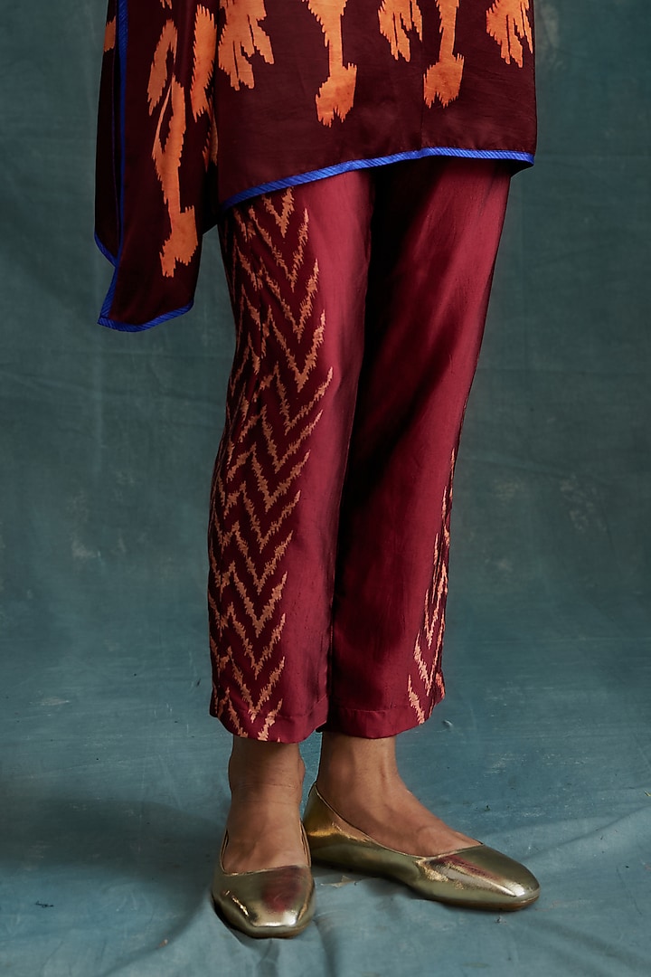 Maroon Modal Bandhej Embroidered & Block Printed Kaftan Tunic by Krishna Mehta at Pernia's Pop Up Shop