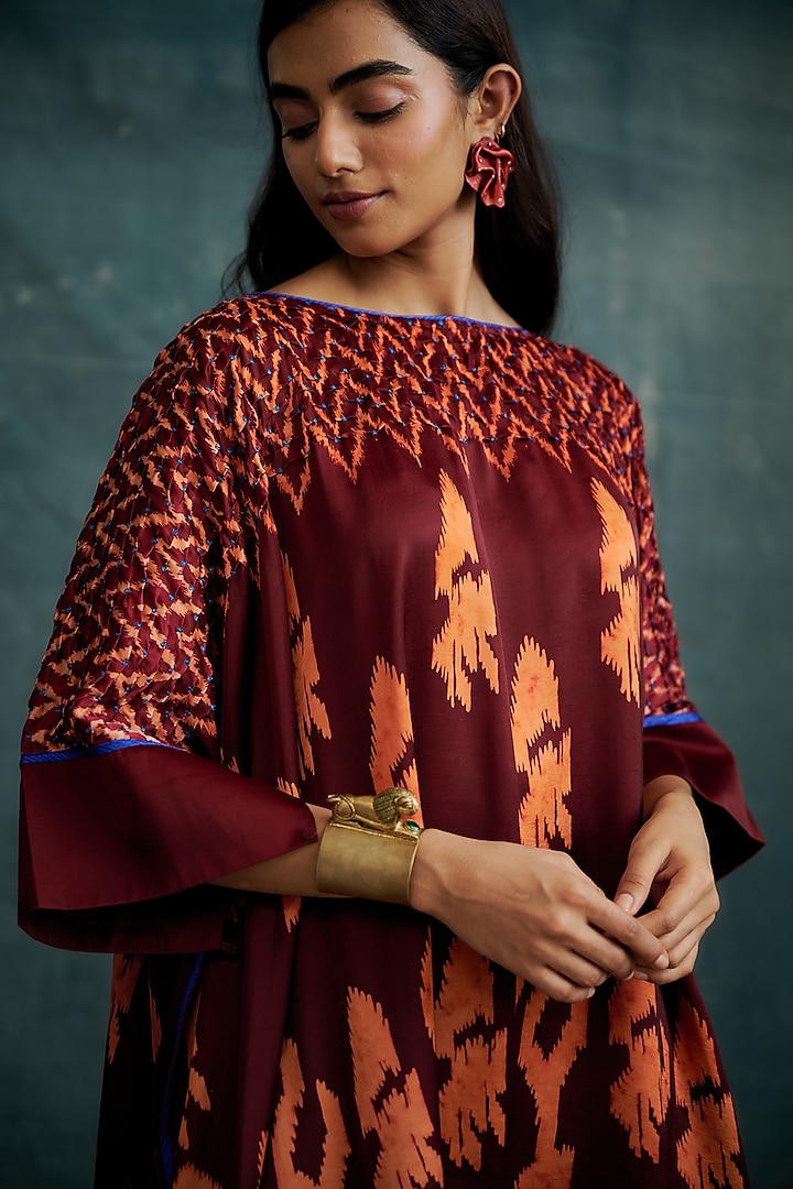 Maroon Modal Bandhej Embroidered & Block Printed Kaftan Tunic by Krishna Mehta at Pernia's Pop Up Shop