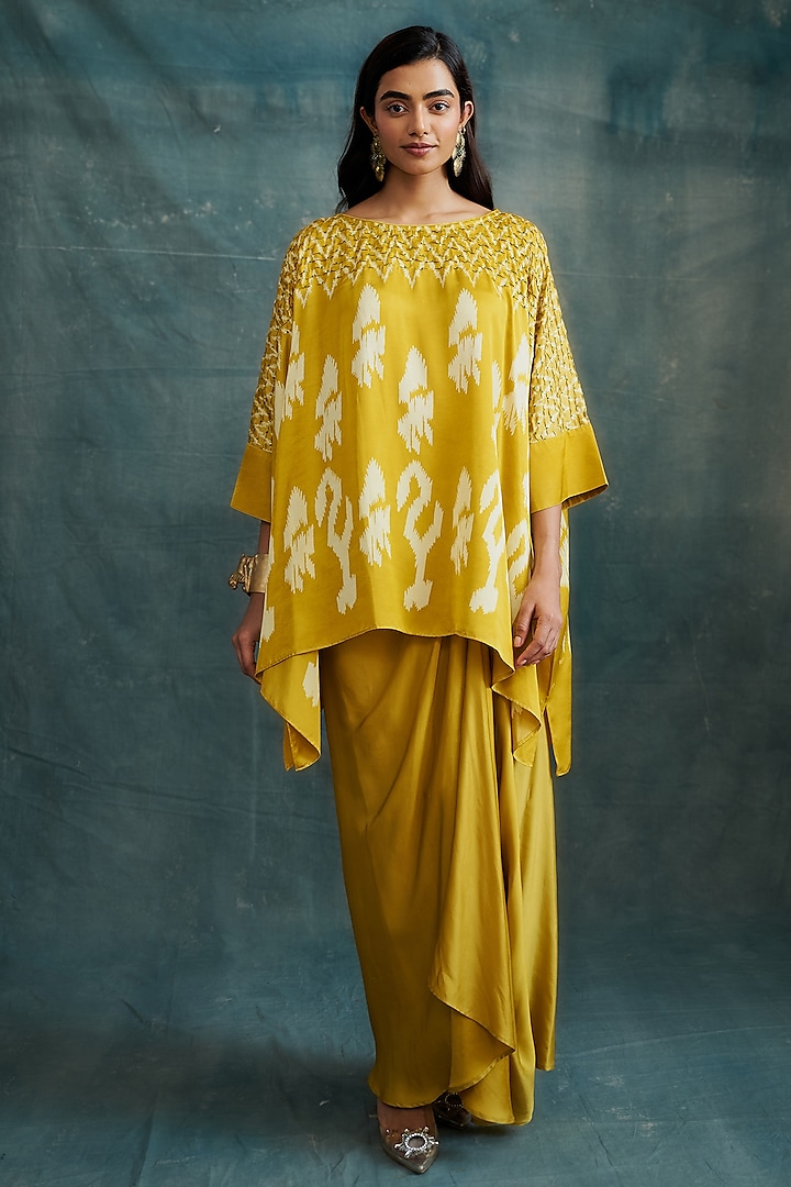 Mustard Modal Bandhej Embroidered & Block Printed Kaftan Tunic by Krishna Mehta at Pernia's Pop Up Shop