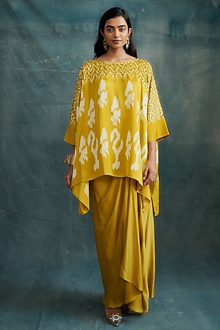 Mustard Modal Bandhej Embroidered & Block Printed Kaftan Tunic by Krishna Mehta