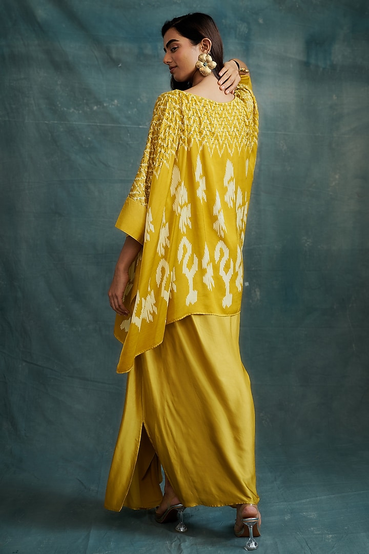 Mustard Modal Bandhej Embroidered & Block Printed Kaftan Tunic by Krishna Mehta at Pernia's Pop Up Shop