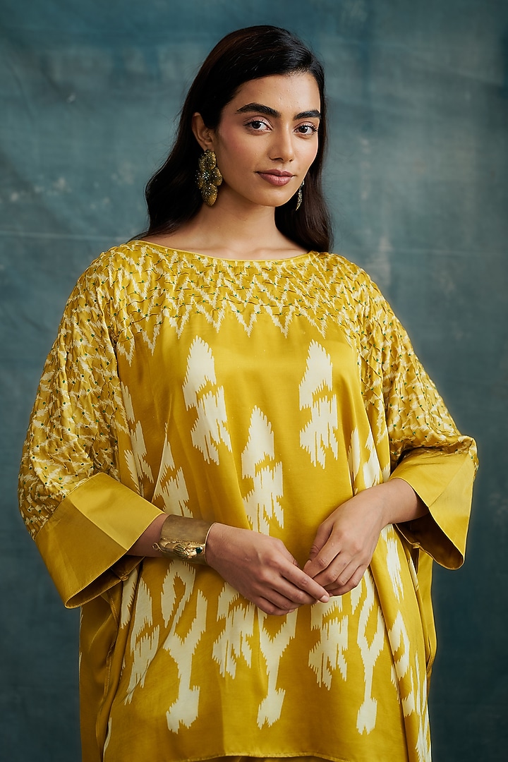 Mustard Modal Bandhej Embroidered & Block Printed Kaftan Tunic by Krishna Mehta at Pernia's Pop Up Shop