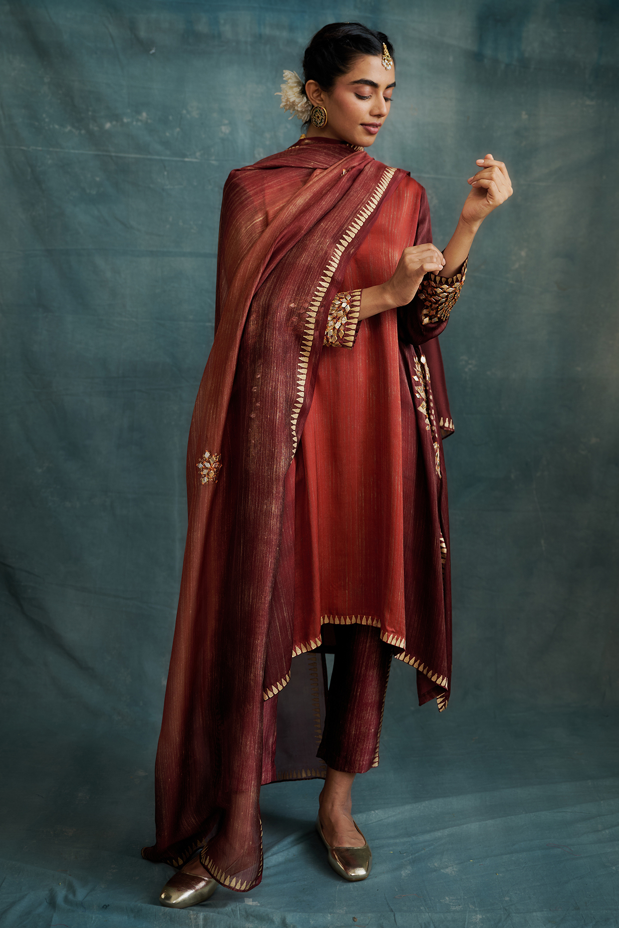 Orange-Red Modal Gota Embroidered & Block Printed Tunic Set by Krishna Mehta at Pernia's Pop Up Shop