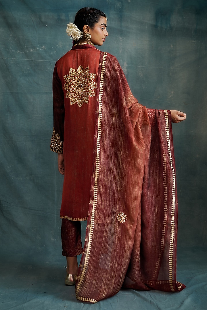 Orange-Red Modal Gota Embroidered & Block Printed Tunic Set by Krishna Mehta at Pernia's Pop Up Shop