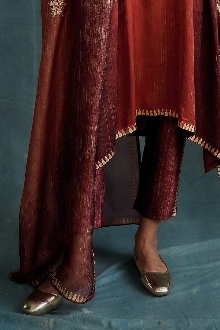 Orange-Red Modal Gota Embroidered & Block Printed Tunic Set by Krishna Mehta at Pernia's Pop Up Shop