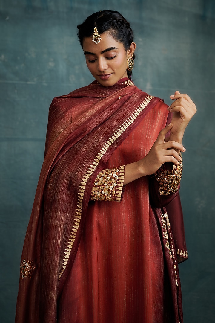 Orange-Red Modal Gota Embroidered & Block Printed Tunic Set by Krishna Mehta at Pernia's Pop Up Shop