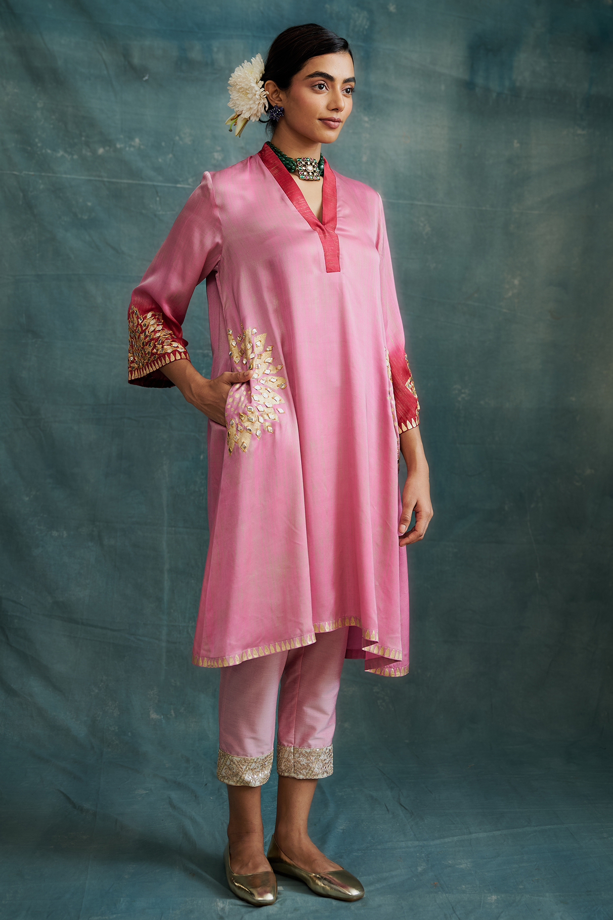 Pink & Red Modal Gota Embroidered & Block Printed Tunic Set by Krishna Mehta at Pernia's Pop Up Shop