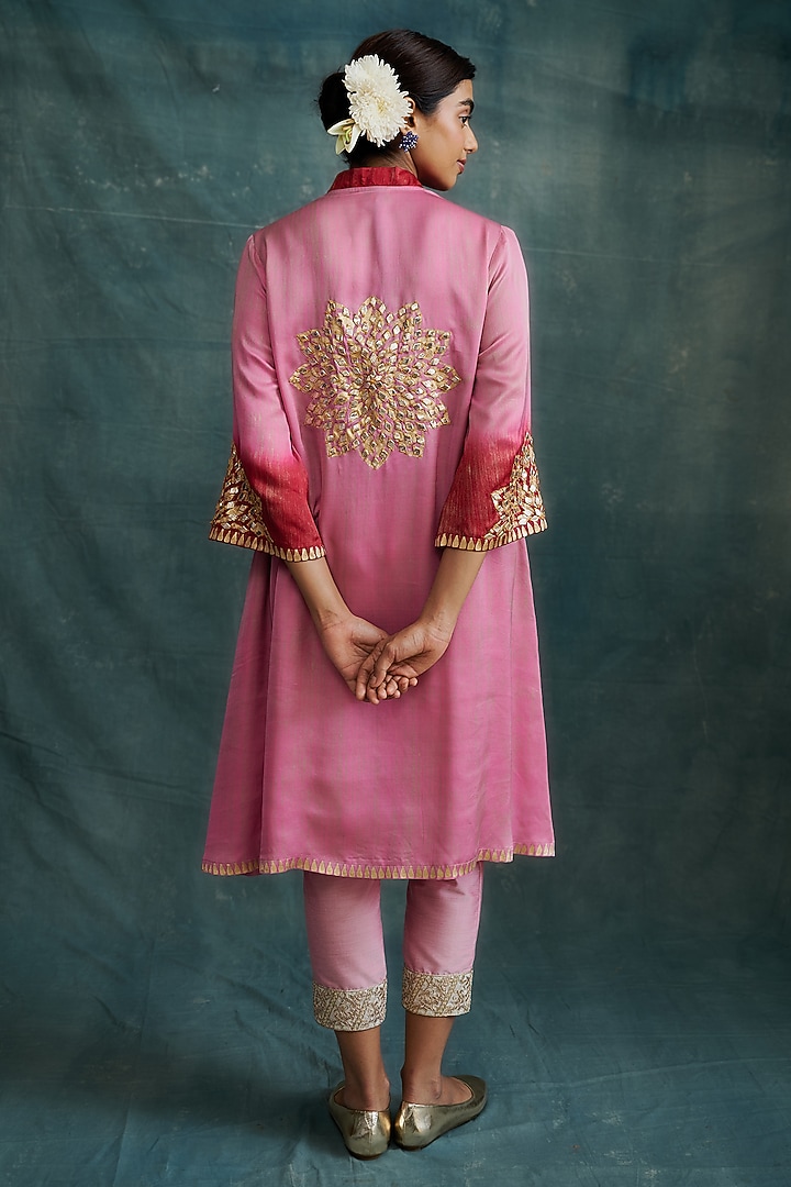 Pink & Red Modal Gota Embroidered & Block Printed Tunic Set by Krishna Mehta at Pernia's Pop Up Shop