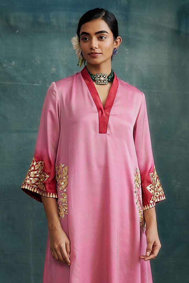 Pink & Red Modal Gota Embroidered & Block Printed Tunic Set by Krishna Mehta at Pernia's Pop Up Shop